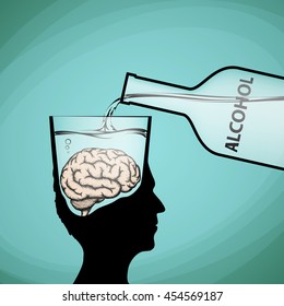 Alcohol addiction. Violation of brain functions. Stock vector illustration.