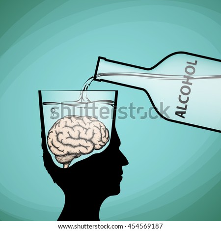 Alcohol addiction. Violation of brain functions. Stock vector illustration.