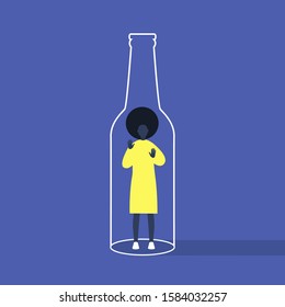 Alcohol and addiction, Young black  female character trapped inside a bottle, health problems