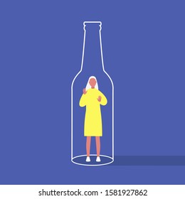 Alcohol and addiction, Young female character trapped inside a bottle, health problems