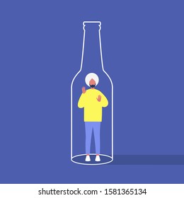 Alcohol and addiction, Young indian male character trapped inside a bottle, health problems