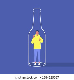 Alcohol and addiction, Young male character trapped inside a bottle, health problems