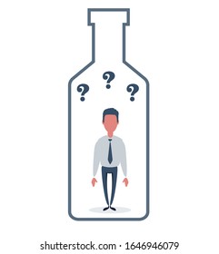 Alcohol and addiction, Young male character trapped inside a bottle, health problems. Vector flat design illustration.