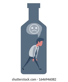 Alcohol and addiction, Young male character trapped inside a bottle, health problems. Vector flat design illustration.