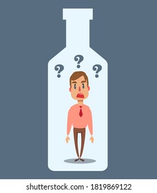 Alcohol And Addiction, Young Male Character Trapped Inside A Bottle, Health Problems. Vector Flat Design Illustration.