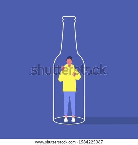 Alcohol and addiction, Young male character trapped inside a bottle, health problems