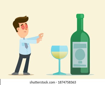 Alcohol addiction. The young man reaches for a glass of wine and a bottle of vodka. Alcoholism is a disease for humans. Vector illustration, flat design, cartoon style, isolated background.