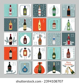 Alcohol advent calendar. Calendar with different types of alcohol for every day. Merry alcoholic calendar for Christmas