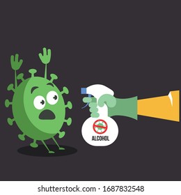 Alcohol against the virus, Coronavirus being killed by alcohol spray, disinfectant solution, vector illustration, isolated on background