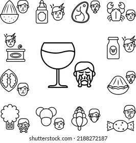 Alcohol, allergic face icon in a collection with other items