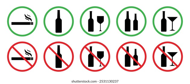 Alcohol permitido y símbolos no permitidos. Se aislaron los signos de permiso prohibidos. Beba alcohol o no beba alcohol en este signo de área. Iconos prohibidos de la bebida alcohólica. Ilustración vectorial.