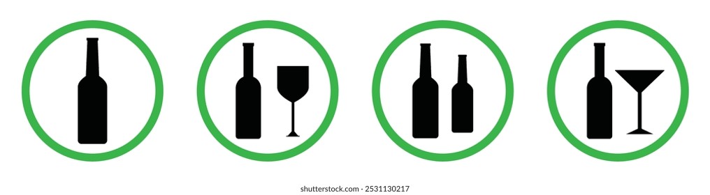 Símbolos de signos permitidos con alcohol. Beba alcohol en este signo de área. Conjunto aislado de signos de permiso de alcohol. Iconos prohibidos de beber alcohol. Conjunto de símbolo de símbolo de botella de cerveza de silueta en círculos verdes.