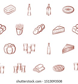 Alcohol, American food and Bakery products set. Background for printing, design, web. Usable as icons. Seamless. Binary color.