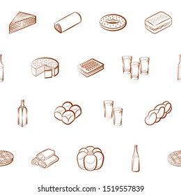 Alcohol, American food and Bakery products set. Background for printing, design, web. Usable as icons. Seamless. Binary color.