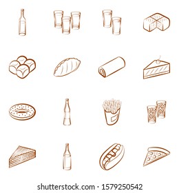 Alcohol, American food and Bakery products set. Background for printing, design, web. Usable as icons. Binary color.