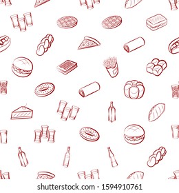 Alcohol, American food and Bakery products set. Background for printing, design, web. Usable as icons. Seamless. Binary color.