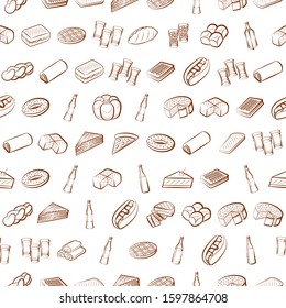 Alcohol, American food and Bakery products set. Background for printing, design, web. Usable as icons. Seamless. Binary color.