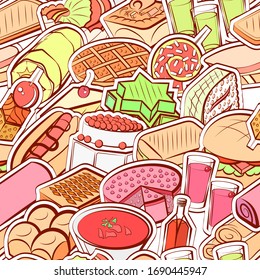 Alcohol, American food, Bakery products and Snacks pattern. Background for printing, design, web. Seamless. Colored.