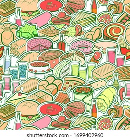 Alcohol, American food, Bakery products and Snacks pattern. Background for printing, design, web. Seamless. Colored.