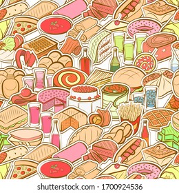 Alcohol, American food, Bakery products and Snacks pattern. Background for printing, design, web. Seamless. Colored.