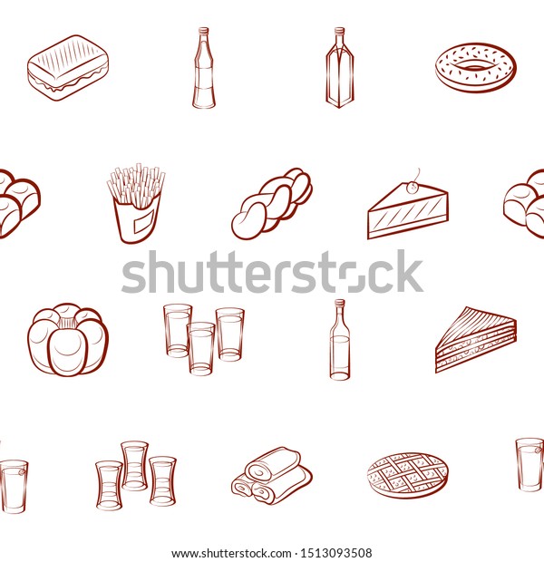 Alcohol, American food and Bakery products set.\
Background for printing, design, web. Usable as icons. Seamless.\
Binary color.