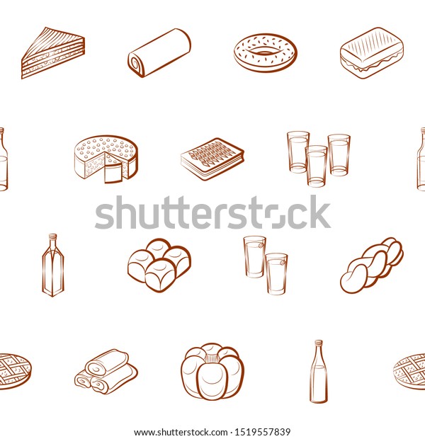 Alcohol, American food and Bakery products set.\
Background for printing, design, web. Usable as icons. Seamless.\
Binary color.