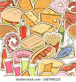 Alcohol, American food, Cheeses and Seafood pattern. Background for printing, design, web. Seamless. Colored.