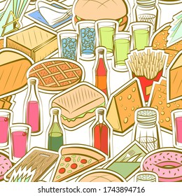 Alcohol, American food, Cheeses and Table setting pattern. Background for printing, design, web. Seamless. Colored.