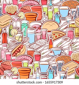 Alcohol, American food, Cutlery and Drinks pattern. Background for printing, design, web. Seamless. Colored.