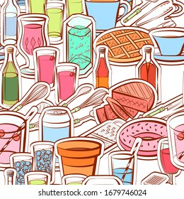 Alcohol, American food, Cutlery and Drinks pattern. Background for printing, design, web. Seamless. Colored.