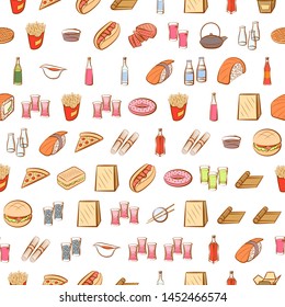 Alcohol, American food and Japanese food set. Background for printing, design, web. Usable as icons. Seamless. Colored.