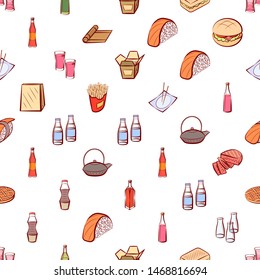 Alcohol, American food and Japanese food set. Background for printing, design, web. Usable as icons. Seamless. Colored.