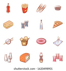 Alcohol, American food and Japanese food set. Background for printing, design, web. Usable as icons. Colored.
