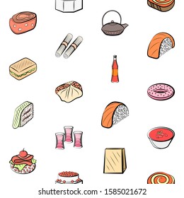 Alcohol, American food, Japanese food and Snacks set. Background for printing, design, web. Usable as icons. Seamless. Colored.