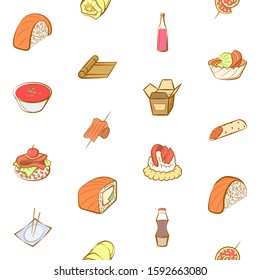 Alcohol, American food, Japanese food and Snacks set. Background for printing, design, web. Usable as icons. Seamless. Colored.