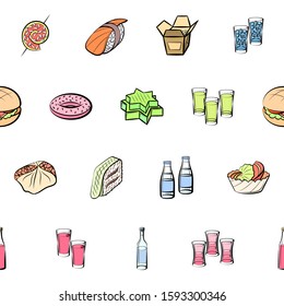 Alcohol, American food, Japanese food and Snacks set. Background for printing, design, web. Usable as icons. Seamless. Colored.