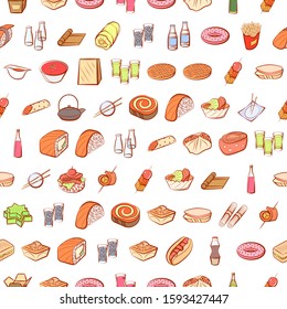 Alcohol, American food, Japanese food and Snacks set. Background for printing, design, web. Usable as icons. Seamless. Colored.