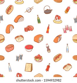 Alcohol, American food, Japanese food and Snacks set. Background for printing, design, web. Usable as icons. Seamless. Colored.