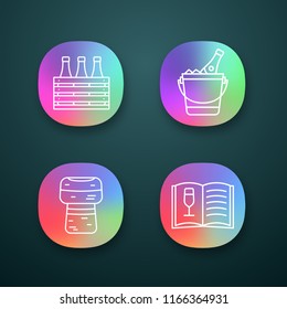 Alcohol app icons set. Bar. Wine. Beer case, champagne bucket, cork, wine menu. UI/UX user interface. Web or mobile applications. Vector isolated illustrations