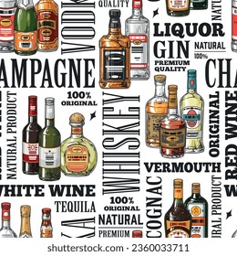 Alcohol assortment pattern seamless colorful with bottles of whiskey and vermouth or cognac and tequila premium quality vector illustration