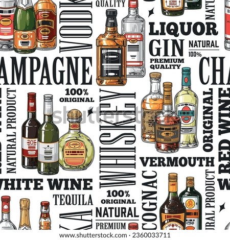 Alcohol assortment pattern seamless colorful with bottles of whiskey and vermouth or cognac and tequila premium quality vector illustration