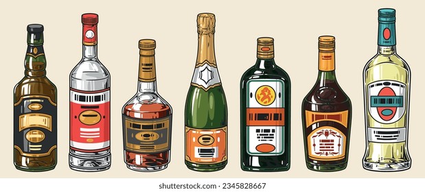 Alcohol assortment set sticker colorful with bottles from restaurant bar with whiskey and sparkling wine or vodka vector illustration