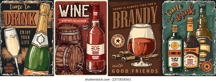 Alcohol assortment set stickers colorful with champagne and wine near glass of brandy and bottles from bar vector illustration