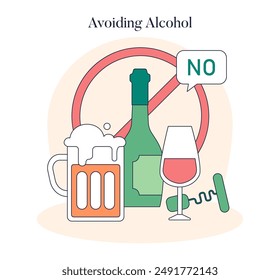 Alcohol Avoidance concept. A representation of the choice to reject alcoholic beverages for health. Sobriety commitment, wellness lifestyle choice. Vector illustration.