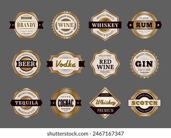 Insignias de alcohol. Etiquetas decorativas de producción de bebidas premium calientes whisky ron Plantillas de Vector recientes