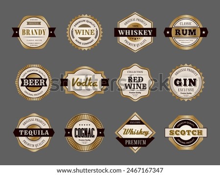Alcohol badges. Hot premium drinks production decorative labels whiskey rum recent vector templates set