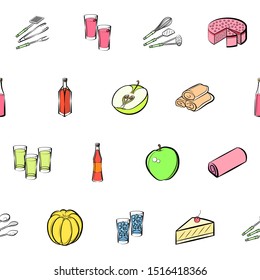 Alcohol, Bakery products, Cutlery and Fruits set. Background for printing, design, web. Usable as icons. Seamless. Colored.