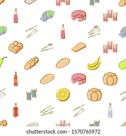 Alcohol, Bakery products, Cutlery and Fruits set. Background for printing, design, web. Usable as icons. Seamless. Colored.