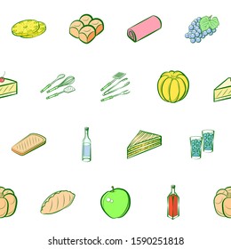 Alcohol, Bakery products, Cutlery and Fruits set. Background for printing, design, web. Usable as icons. Seamless. Colored.