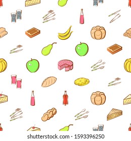 Alcohol, Bakery products, Cutlery and Fruits set. Background for printing, design, web. Usable as icons. Seamless. Colored.